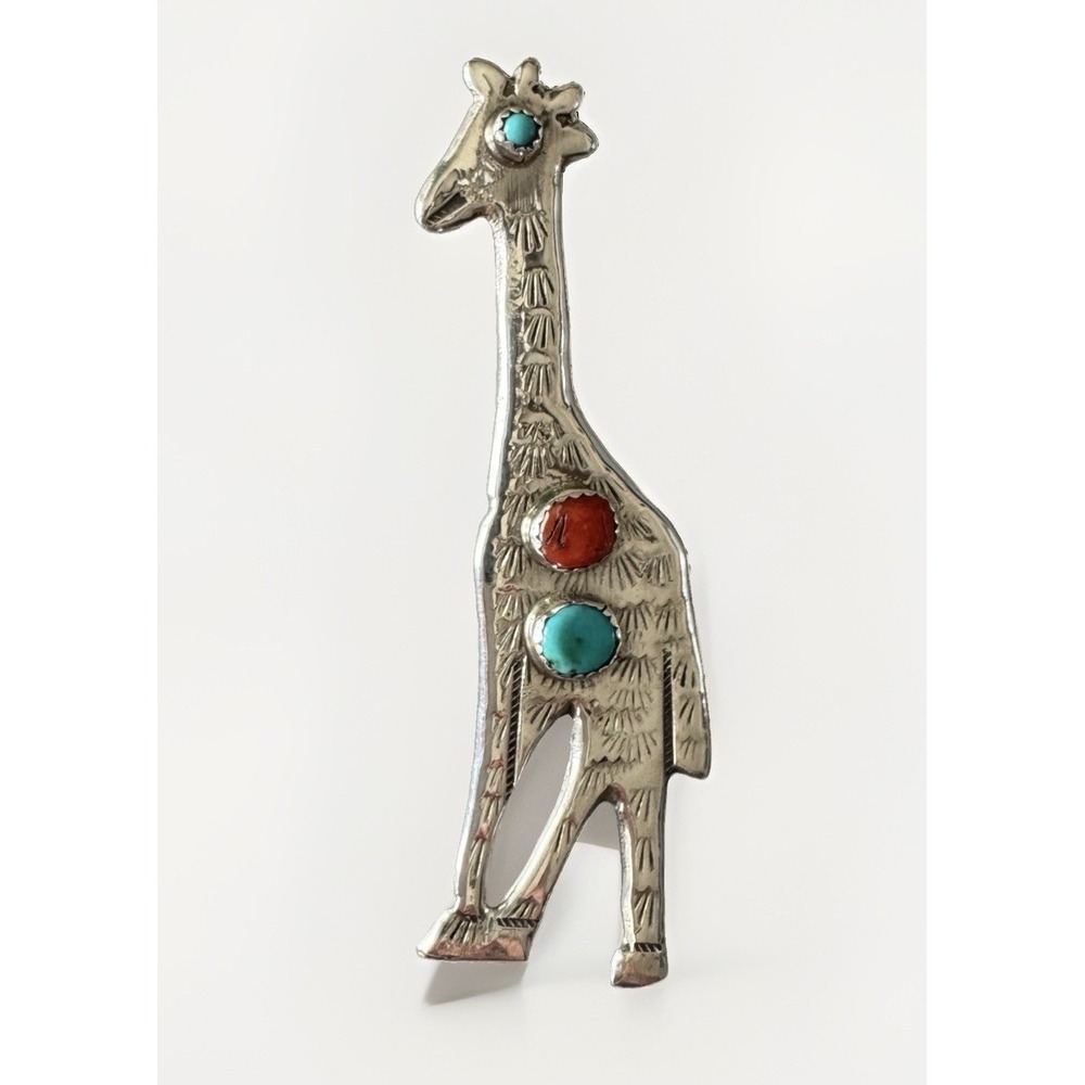 Navajo Huge Sterling Silver Giraffe Brooch Turquoise & Coral 16.4g